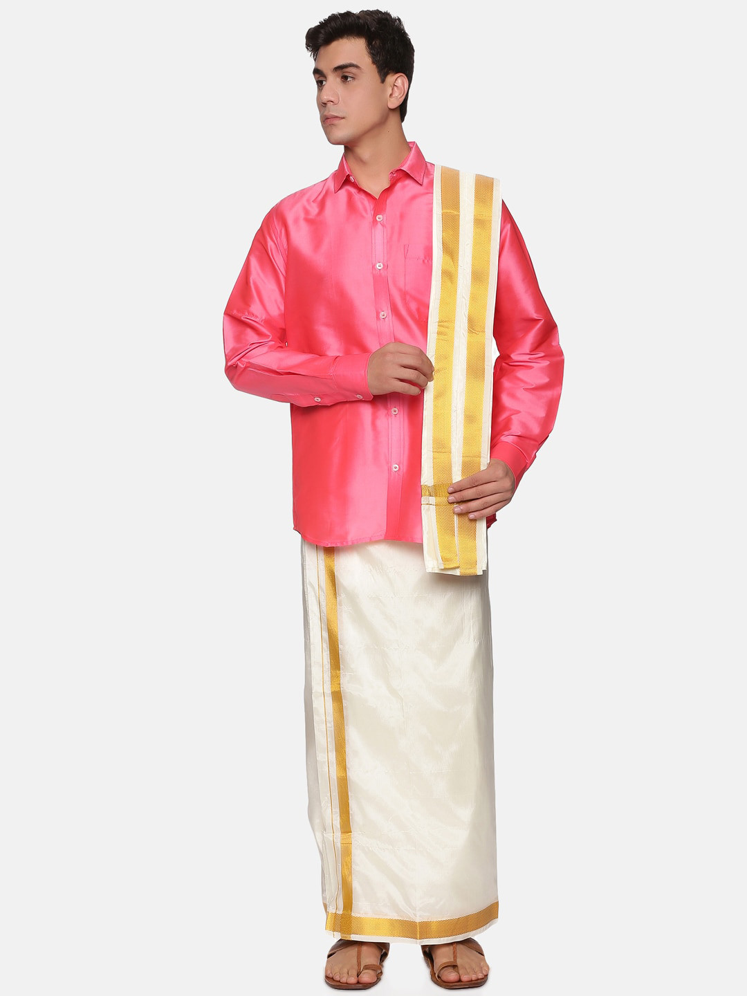 Sethukrishna Men Pink & White Shirt with Dhoti & Angavastram Set