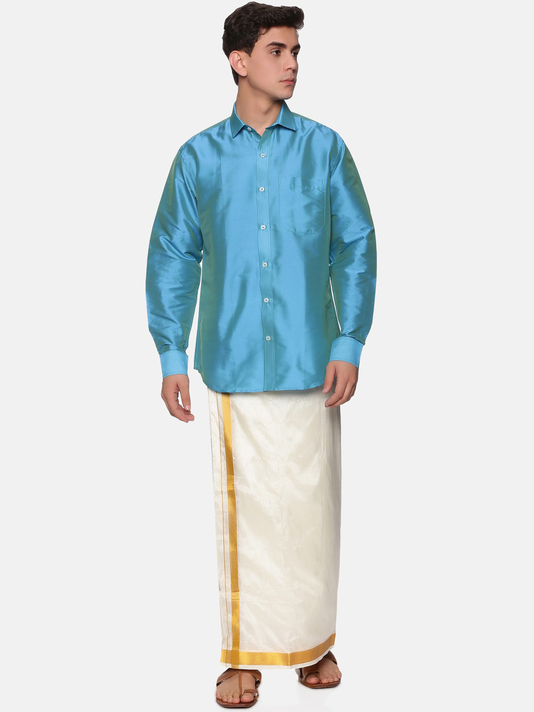 Sethukrishna Men Turquoise Blue & White Shirt & Veshti with Angavastram