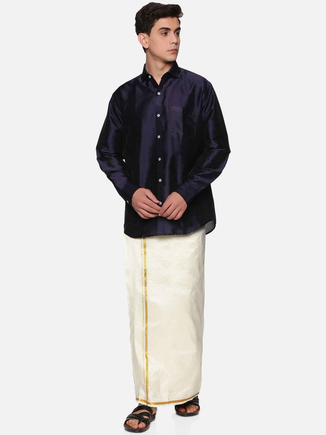 Sethukrishna Men Navy Blue & White Shirt & Veshti