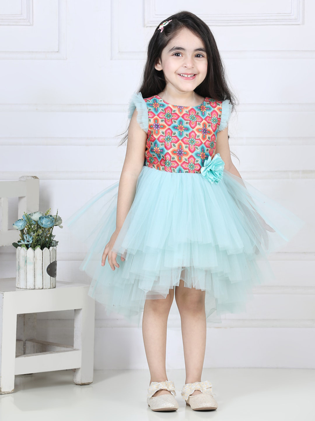 Toy Balloon kids Girls Blue Floral Net A-Line Dress
