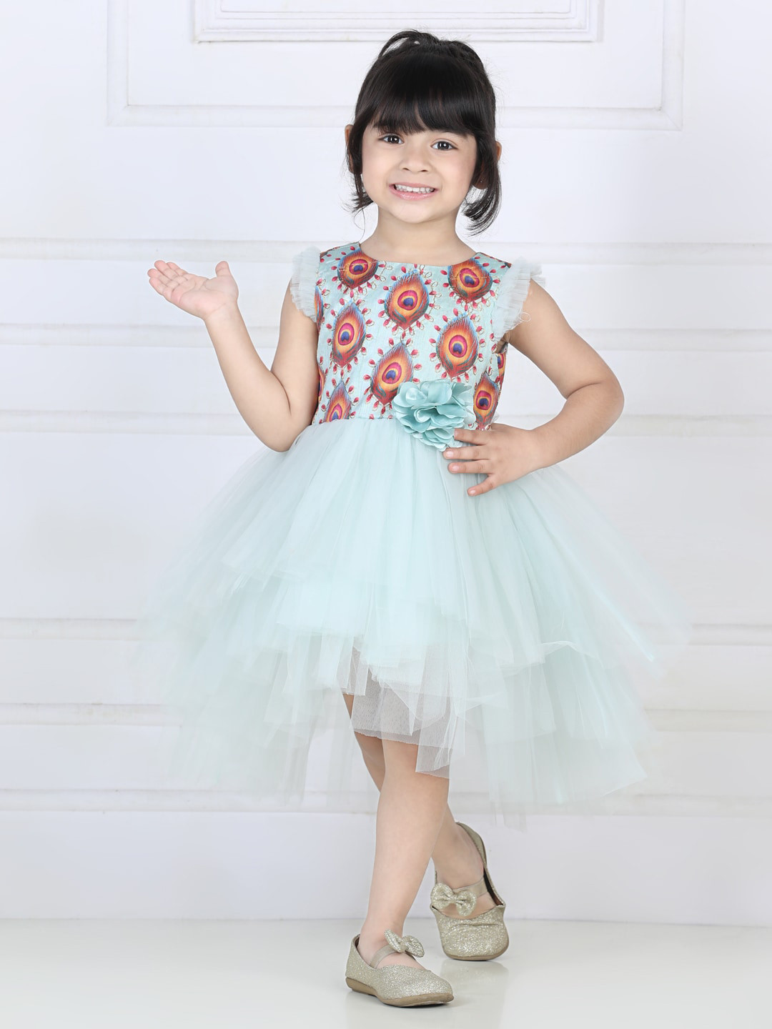 Toy Balloon kids Girls Blue & Orange Printed Net Midi Dress