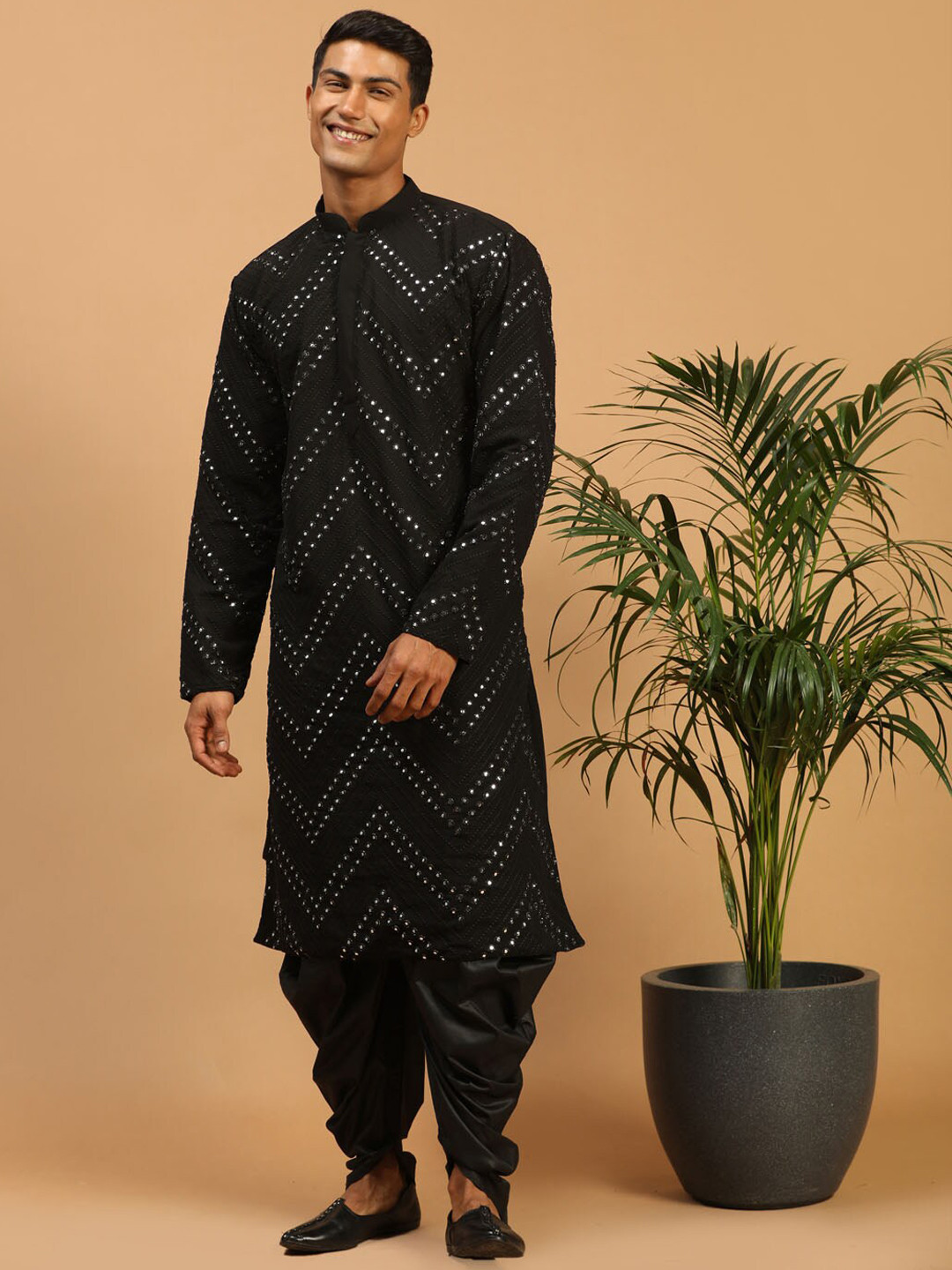 VASTRAMAY Men Black Embroidered Mirror Work Kurta With Dhoti Pants