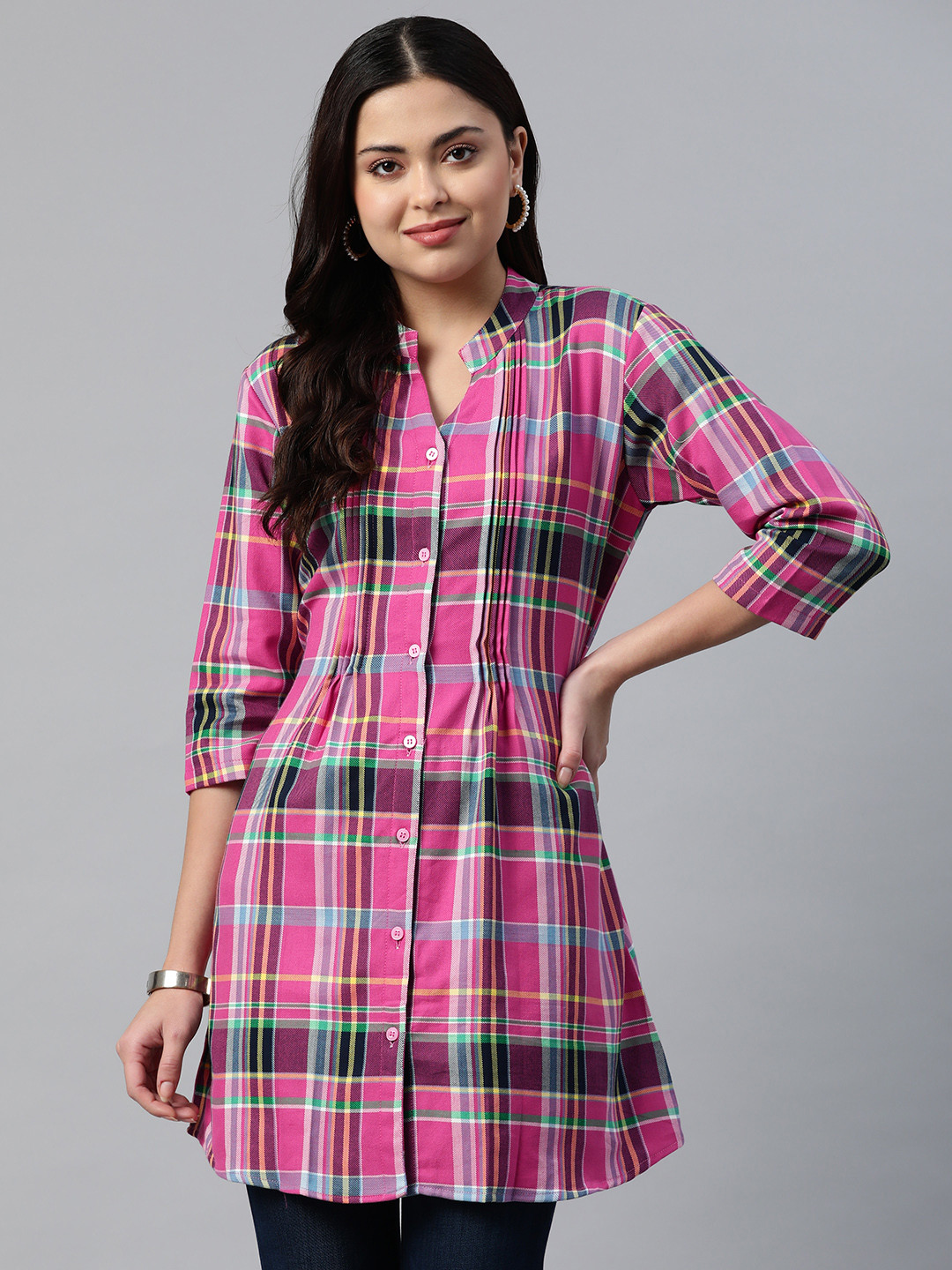 One Femme Pink & Multicoloured Mandarin Collar Checked Tunic