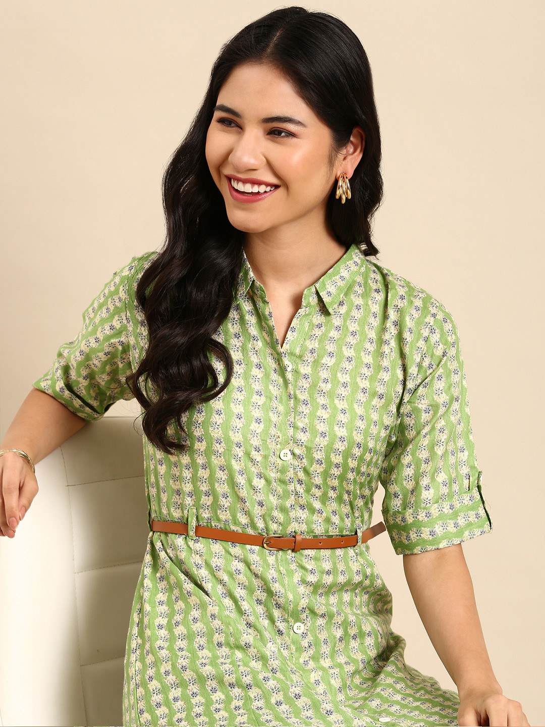 SHOWOFF  Green Belted Detail Kurta