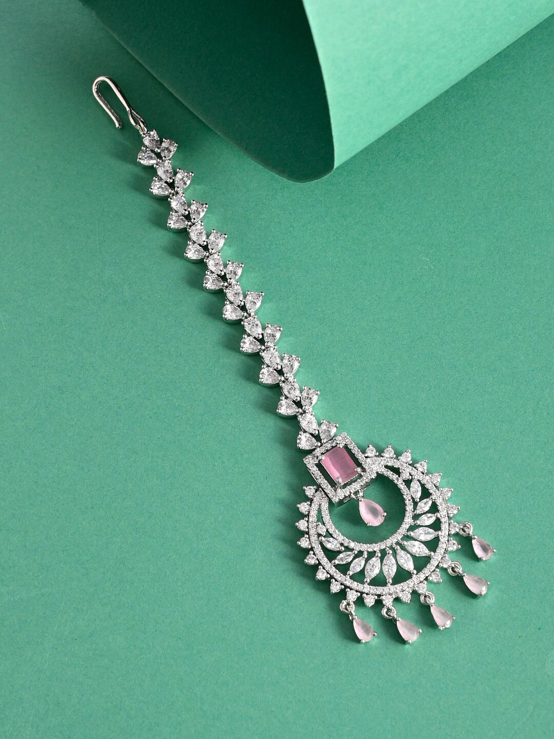 Voylla Rhodium Plated Silver toned Pink Triangle Cut Zircons Studded Maantika