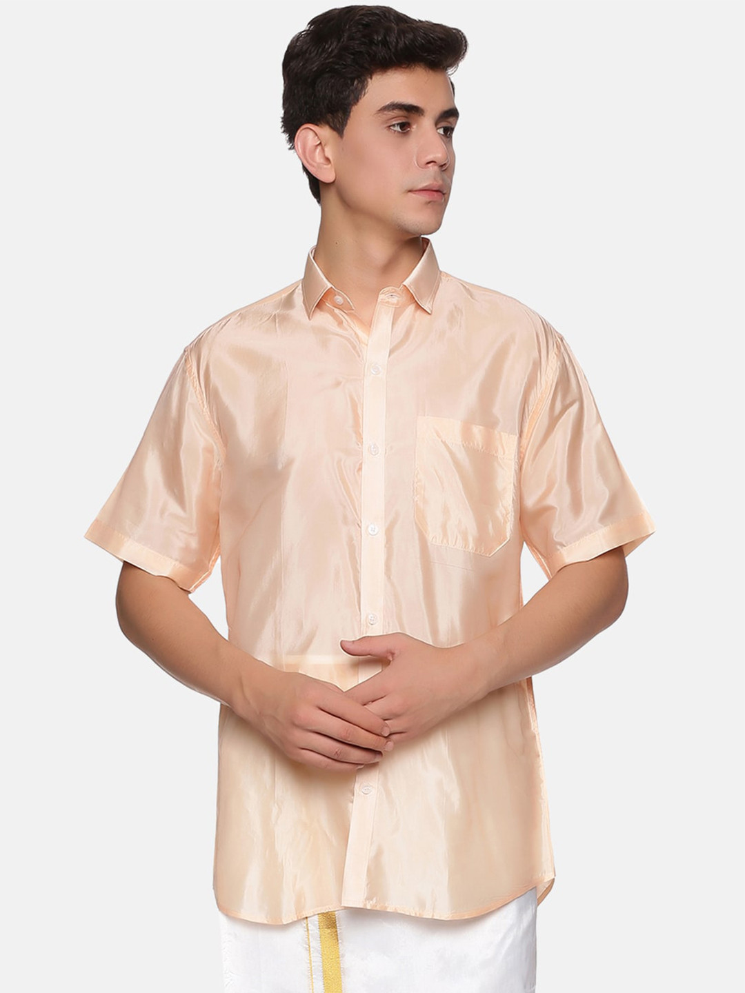 Sethukrishna Men Beige Silk Standard Casual Shirt
