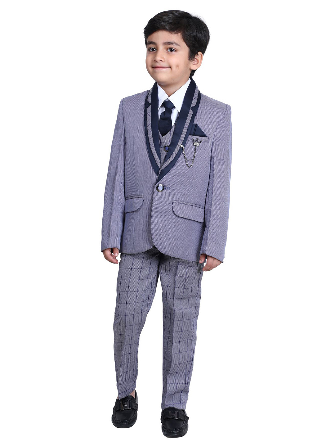 DKGF FASHION Boys Navy Blue & White Self Design Single-Breasted 5 Piece Suits