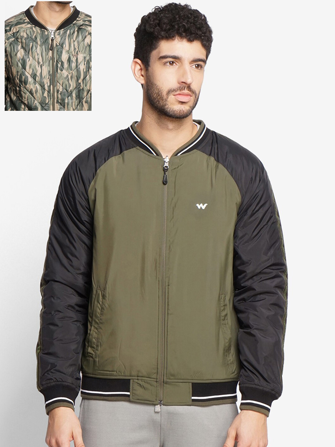 Wildcraft Men Olive Green & Black Reversible Bomber Jacket