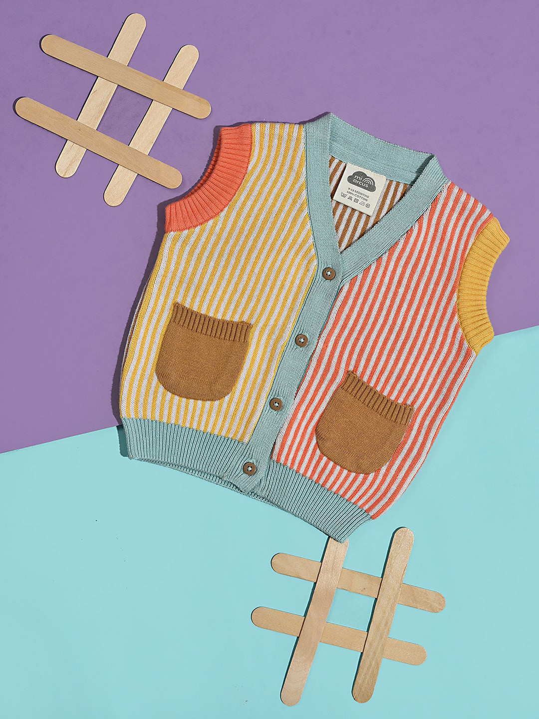 MiArcus White & Yellow Striped Sleeveless Cotton Cardigan