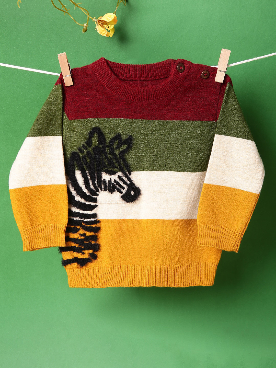 MiArcus Boys Maroon & Green Colourblocked Fuzzy Detailed Pullover Acrylic Sweater