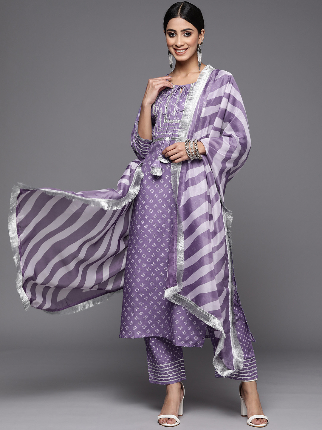 Varanga Women Purple Bandhani Yoke Design Sequinned Kurta with Trousers & With Dupatta