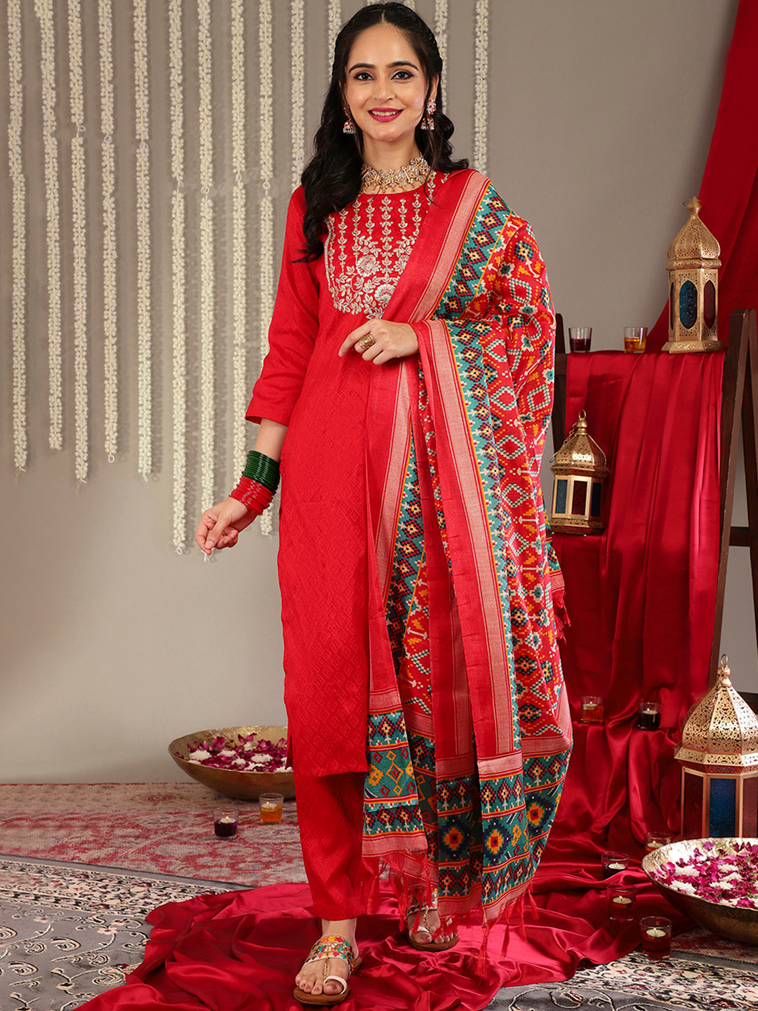 Varanga Women Red Yoke Design Kurta with Trousers & With Dupatta