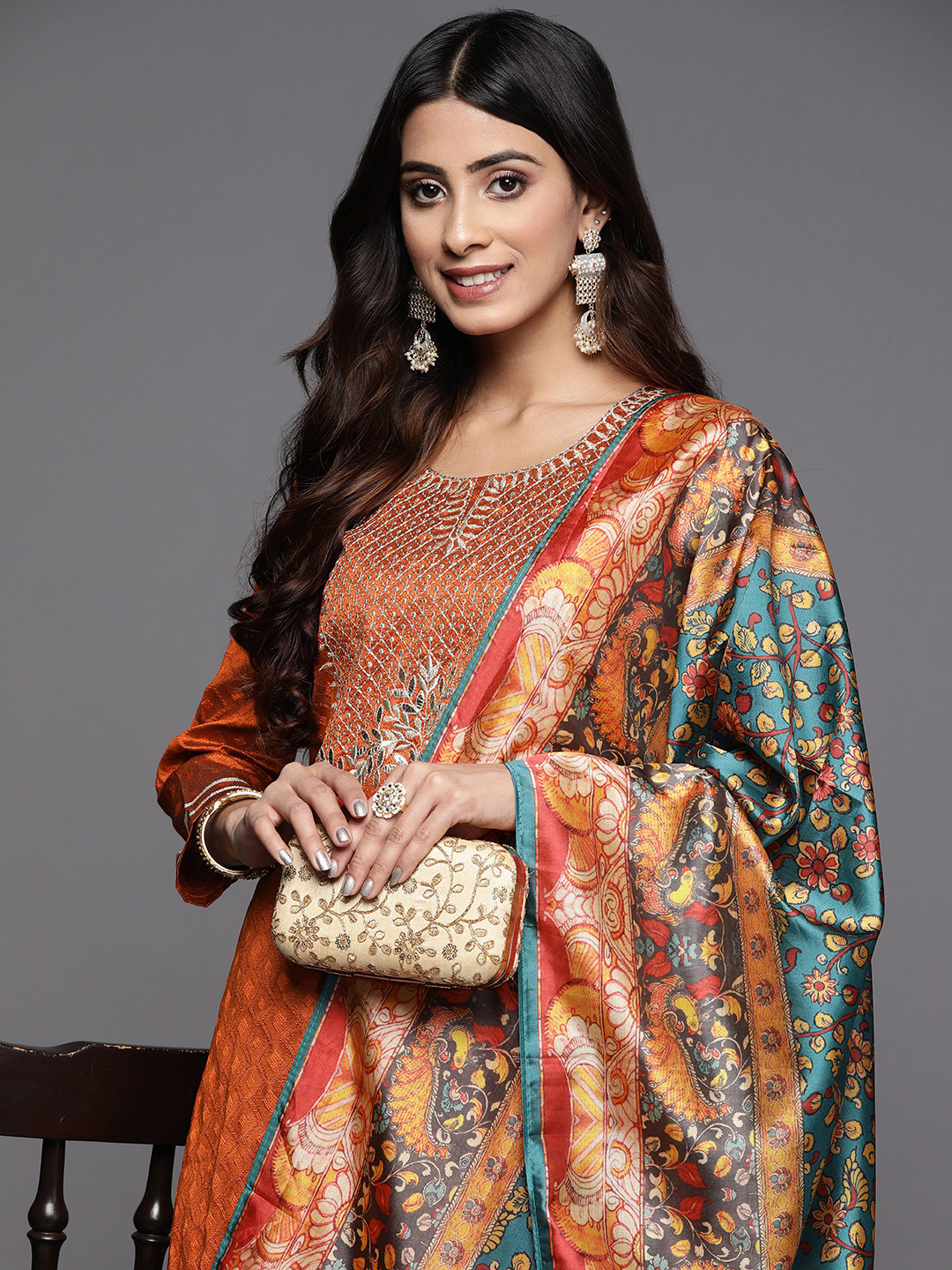 Varanga Rust & Blue Embroidered Kurta with Trousers & With Dupatta