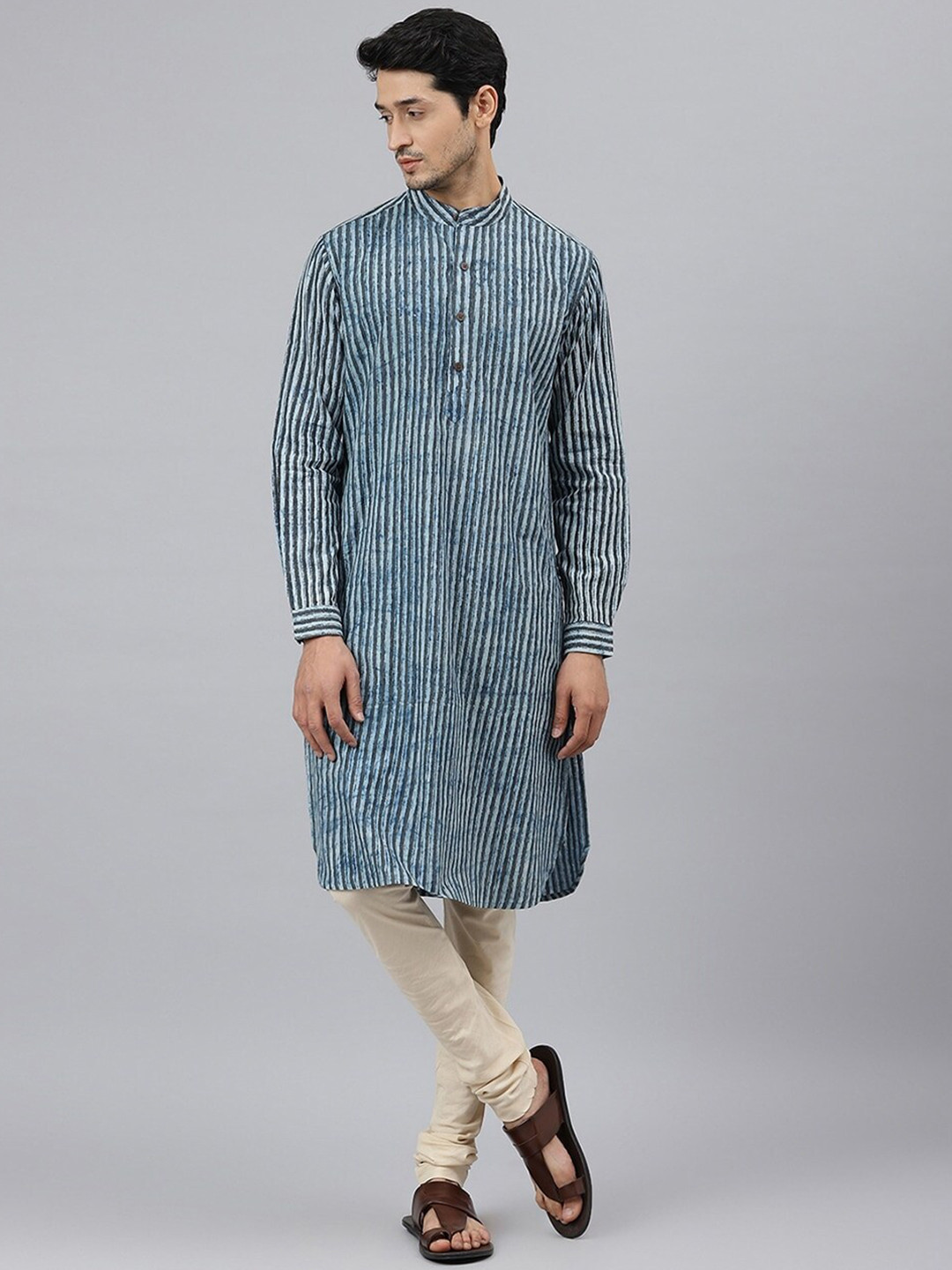 Fabindia Men Blue & Black Striped Cotton Kurta