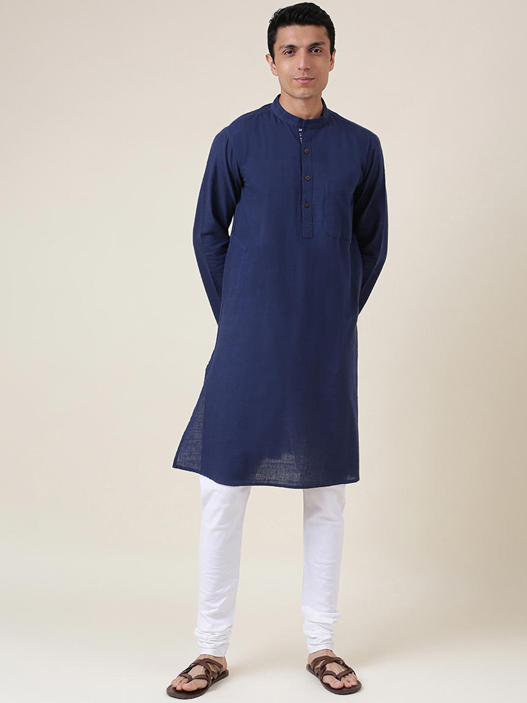 Fabindia Men Navy Blue Regular Cotton Kurta