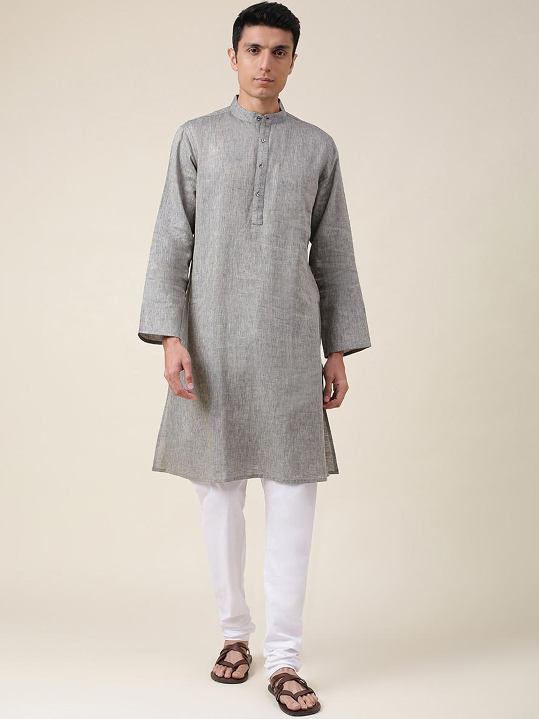 Fabindia Men Grey Mandarin Collar Regular Linen Kurta