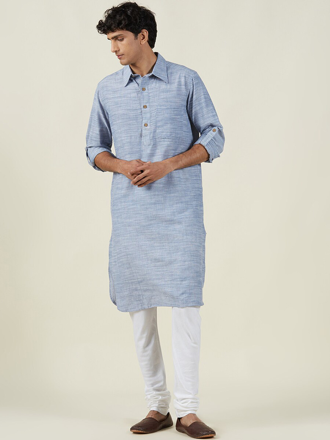 Fabindia Men Blue Cotton Pathani Kurta