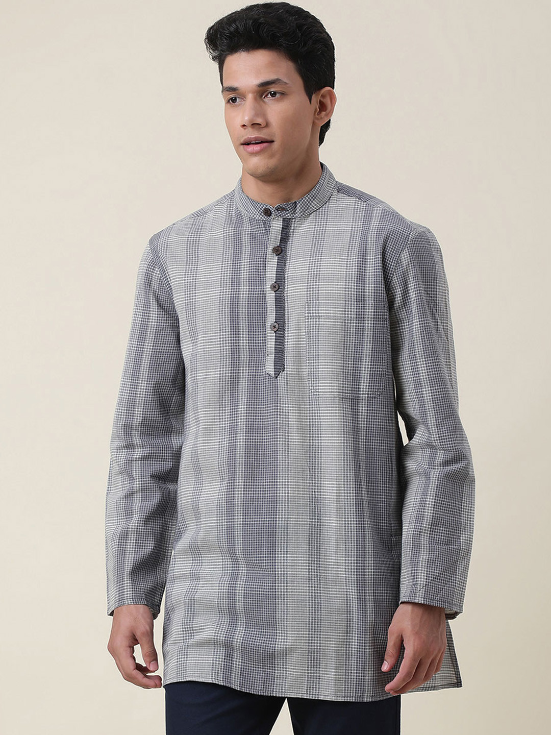 Fabindia Checked Mandarin Collar Cotton Kurta