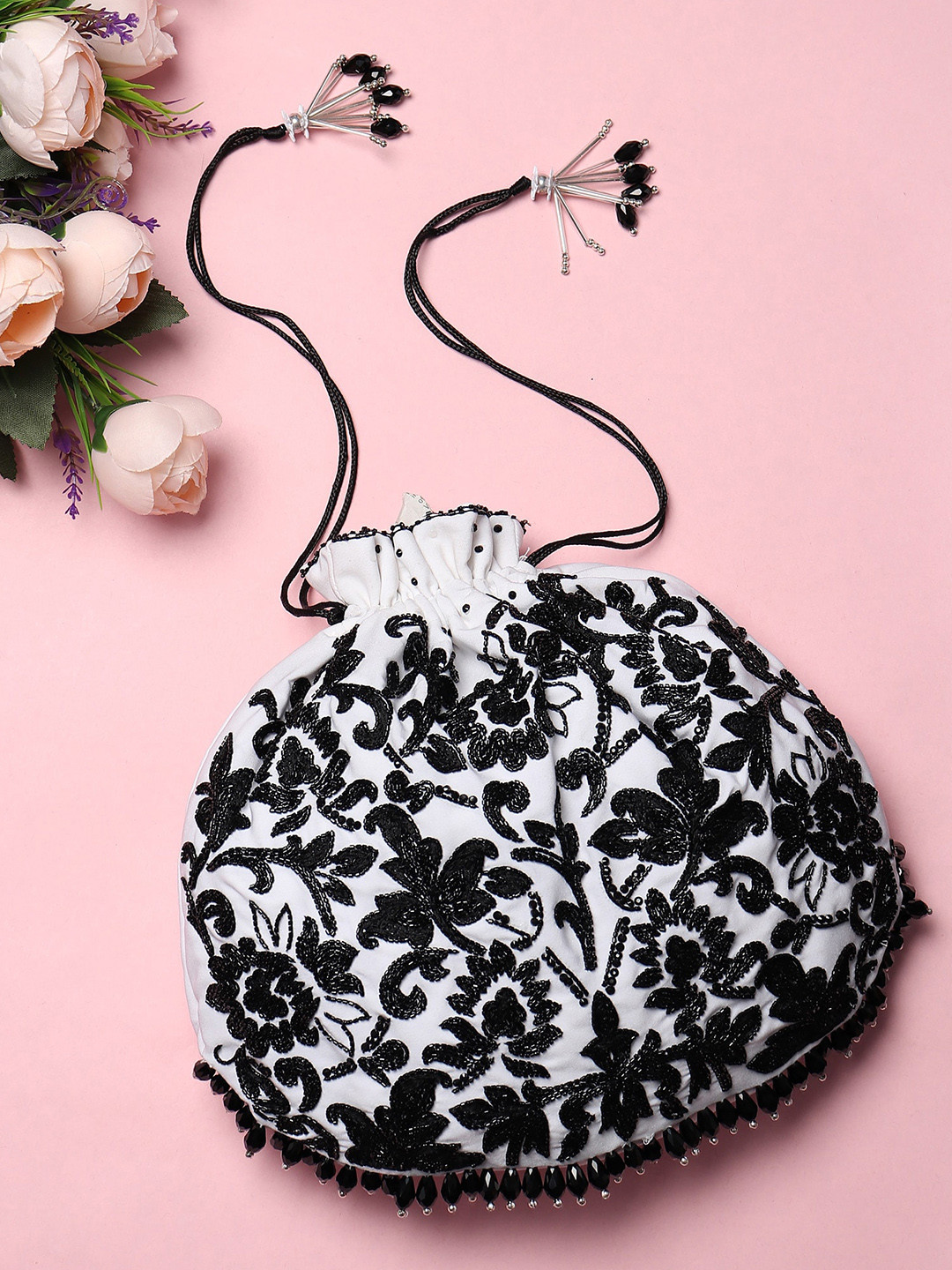 MODARTA White & Black Embroidered Potli Clutch