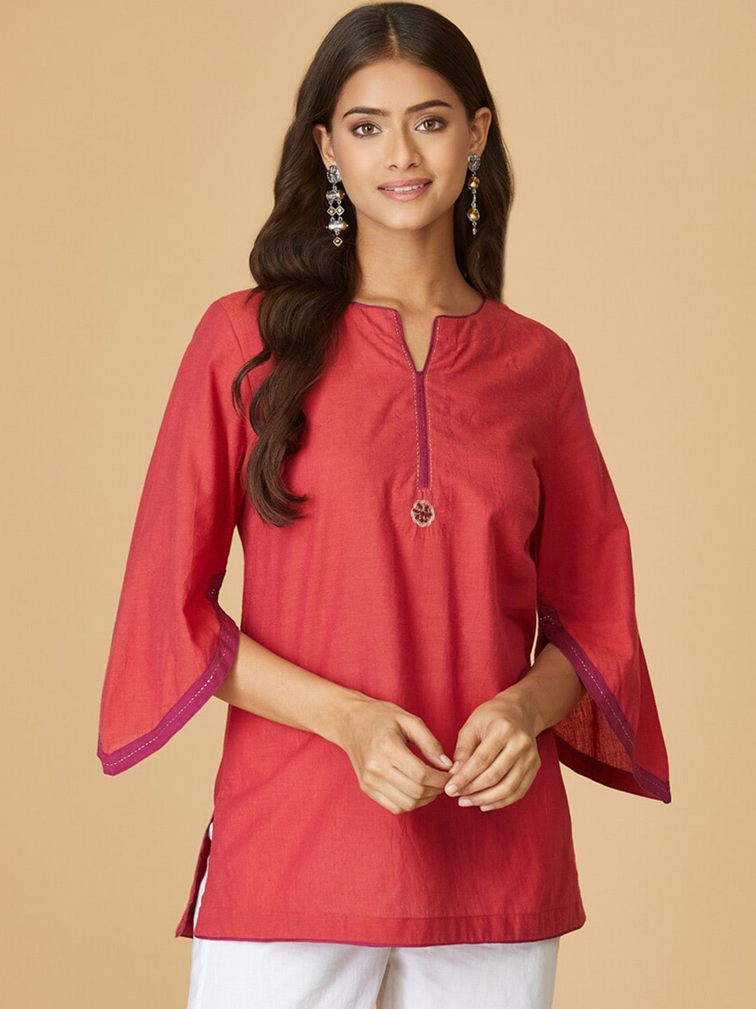 Fabindia Pink Flared Sleeves Thread Work Kurti