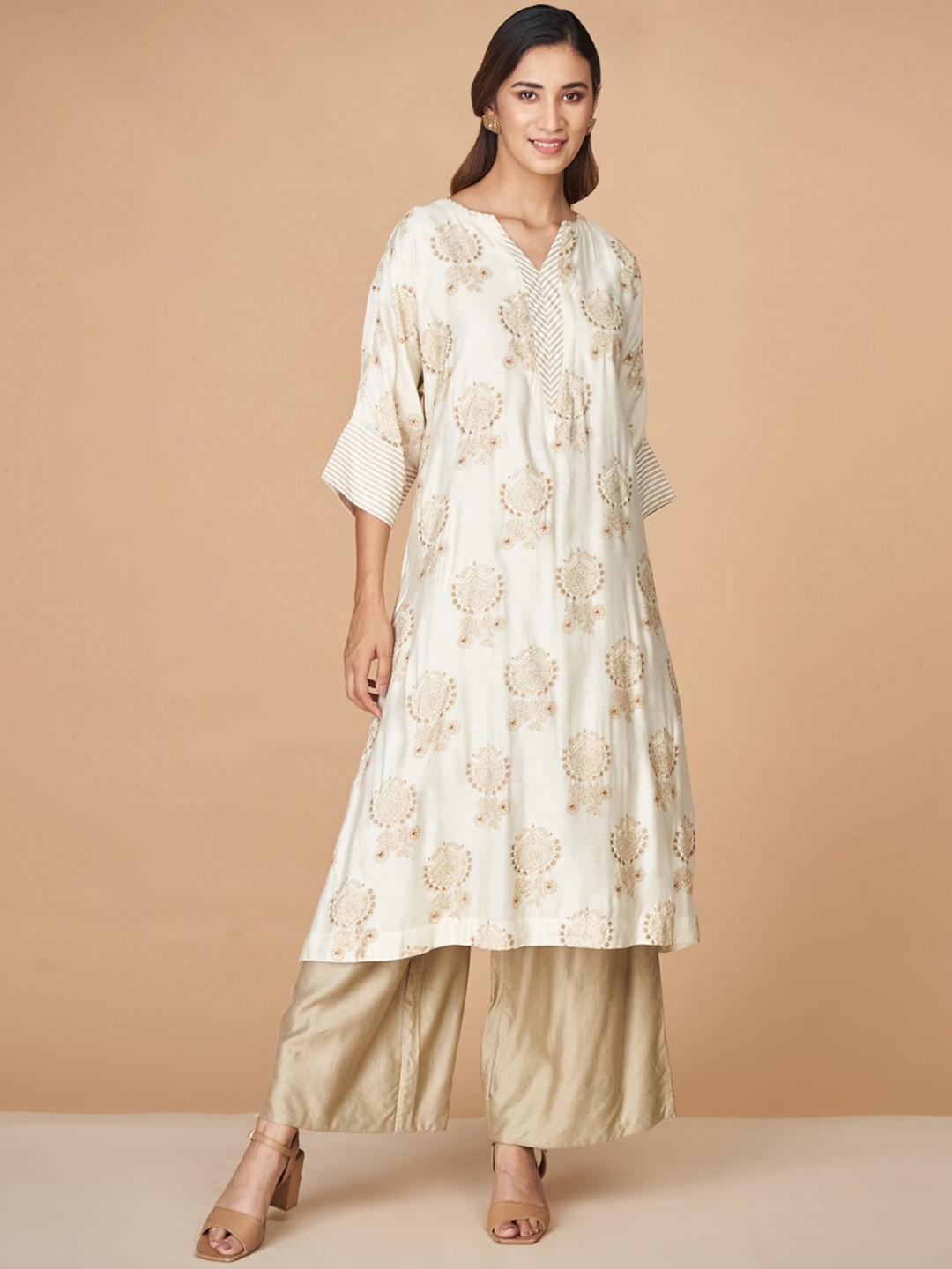 Fabindia Women Off White Ethnic Motifs Printed Flared Sleeves Mirror Work Kurta