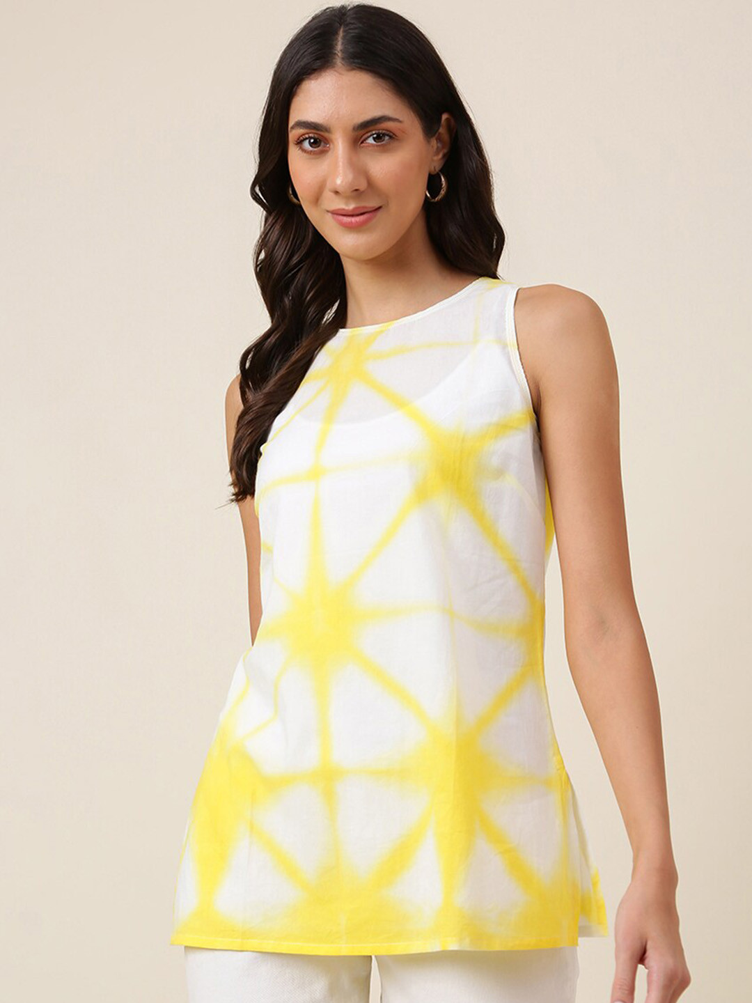 Fabindia White & Yellow Dyed Pure Cotton Kurti