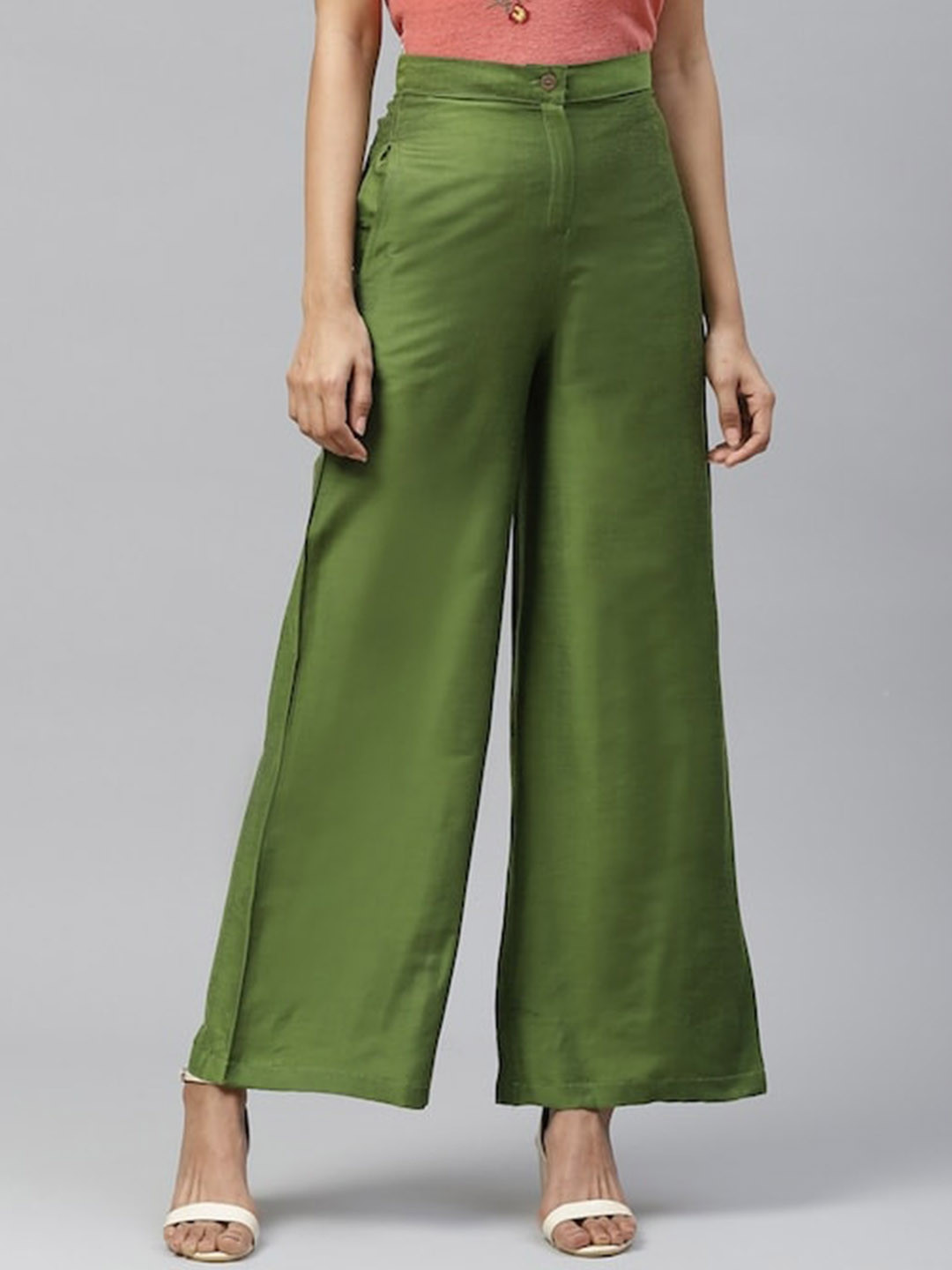 Tulsattva Women Olive Green Smart Flared Easy Wash Trousers