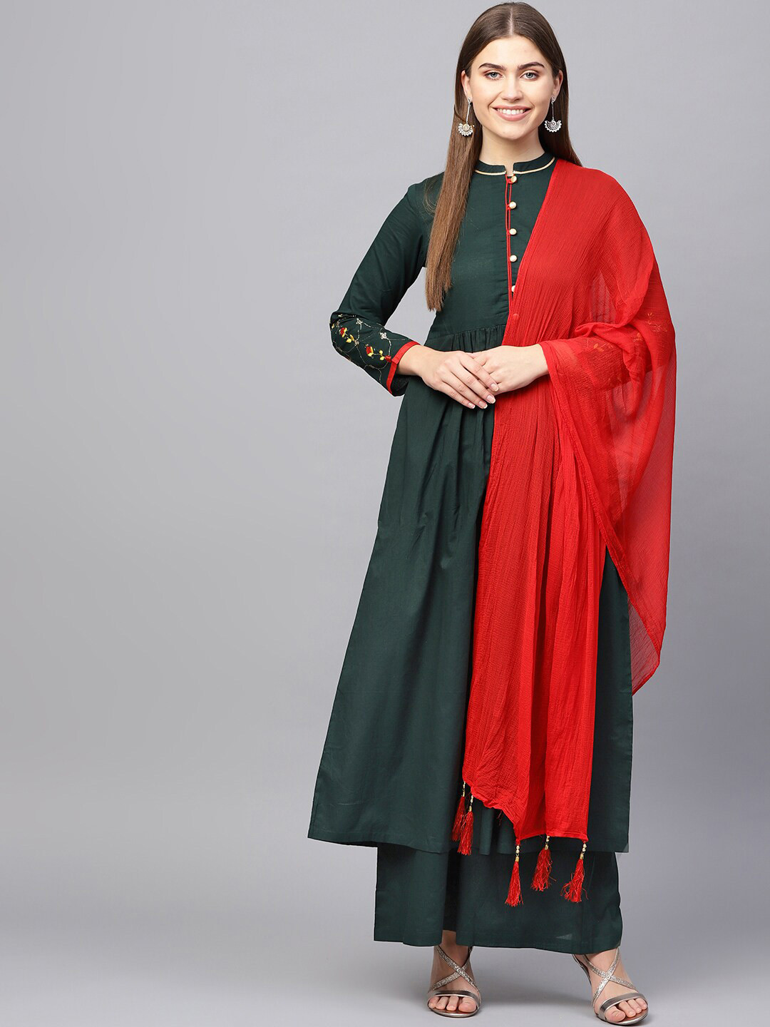 Tulsattva Green Paisley Empire Thread Work Pure Cotton Kurta with Palazzos & With Dupatta