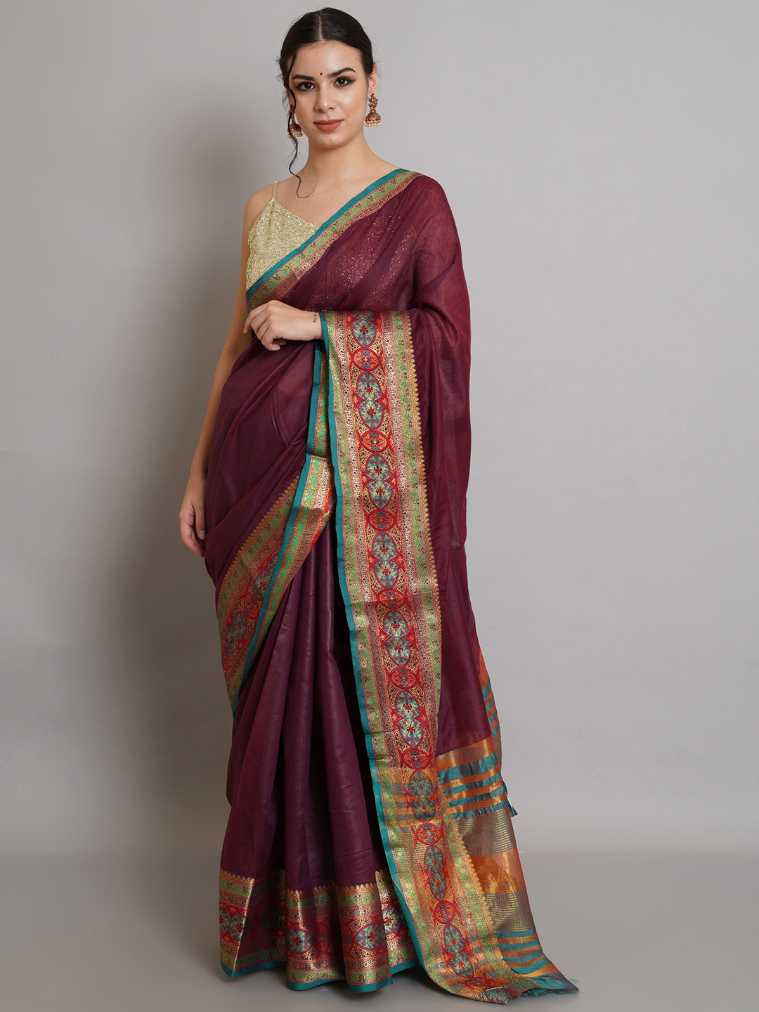 Risirioutfit Maroon & Red Zari Silk Cotton Banarasi Saree