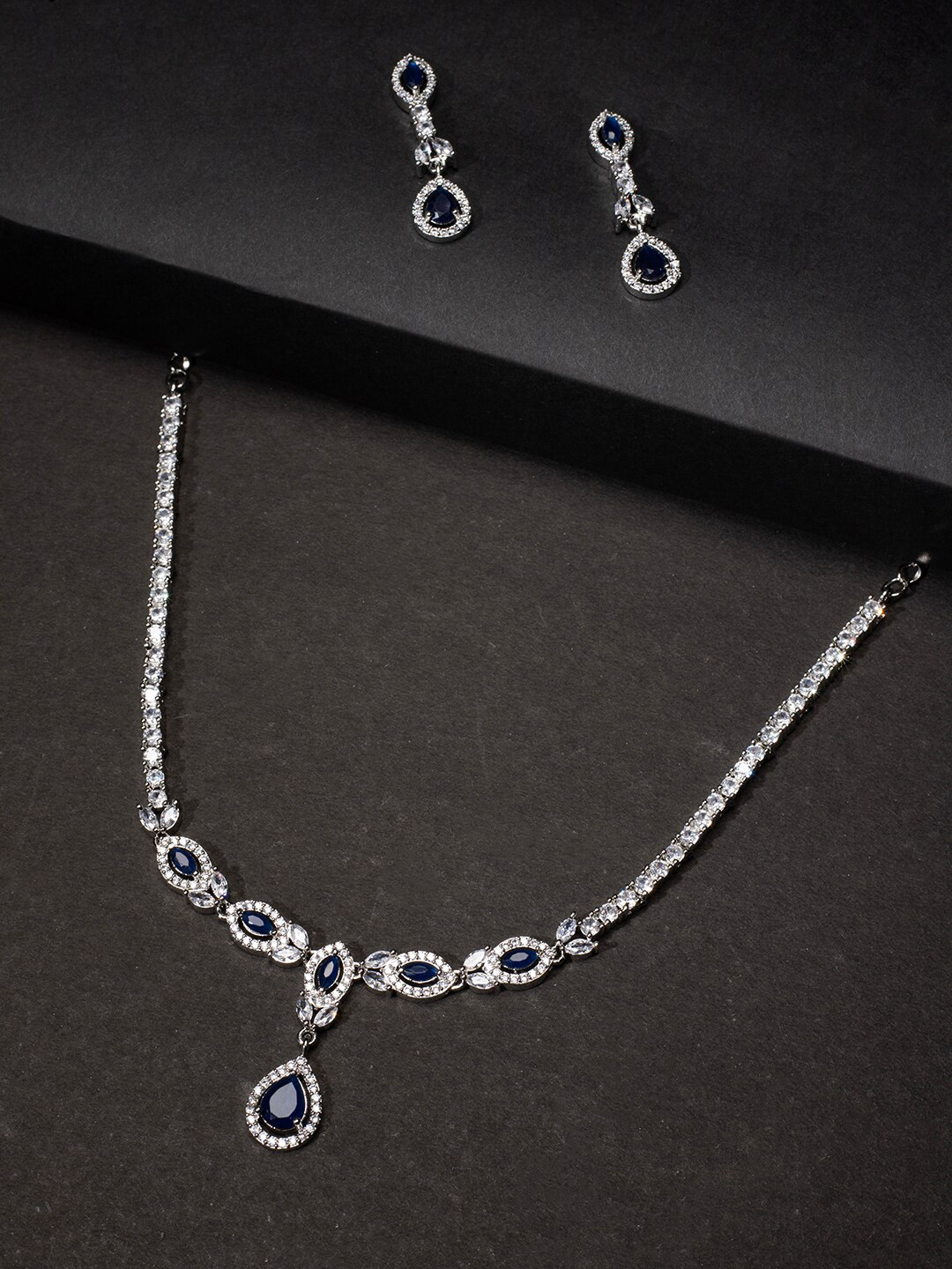 justpeachy Rhodium-Plated Silver-Toned Blue & White AD Studded Jewellery Set