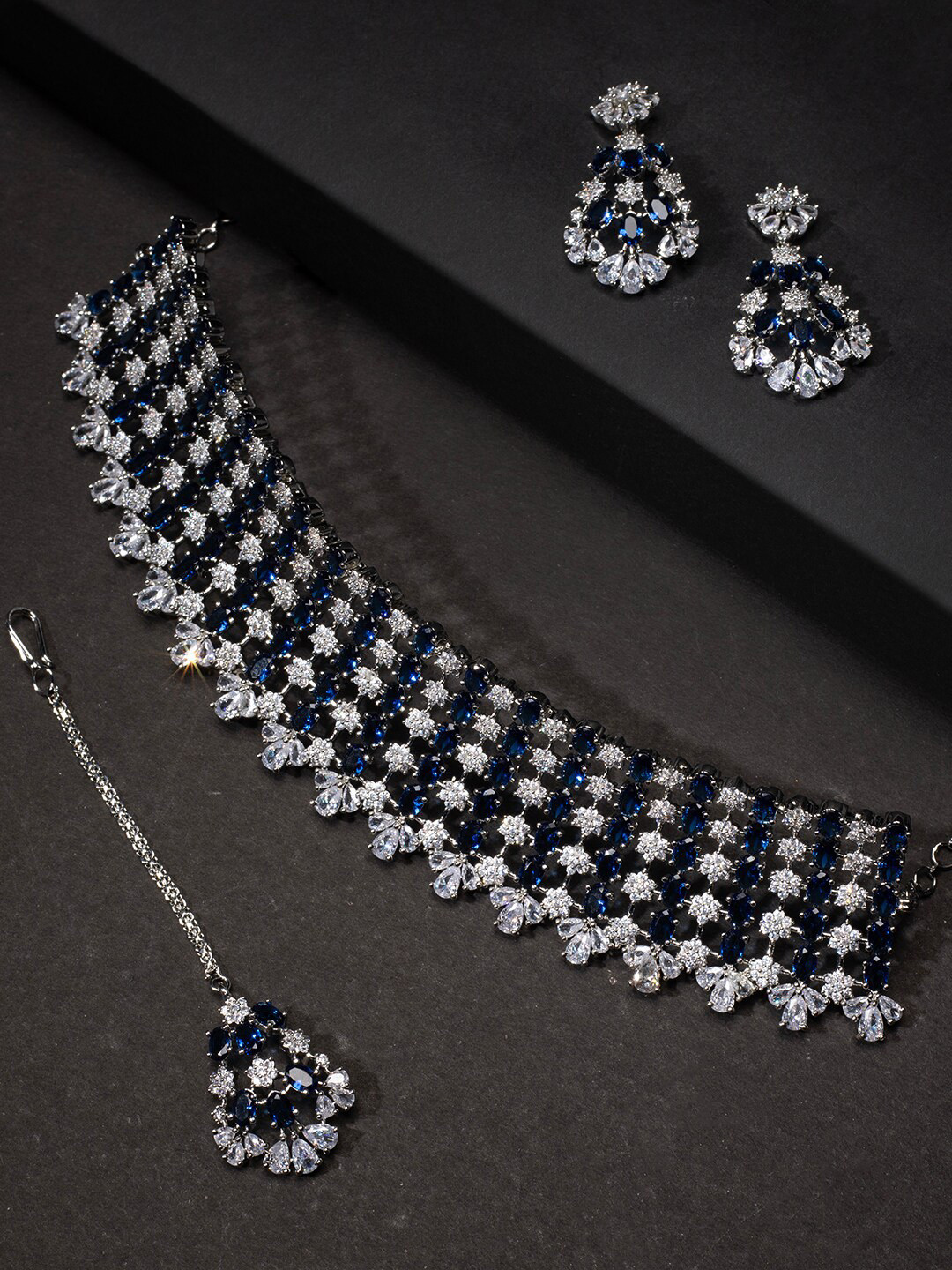 justpeachy Rhodium-Plated Blue AD-Studded Jewellery Set