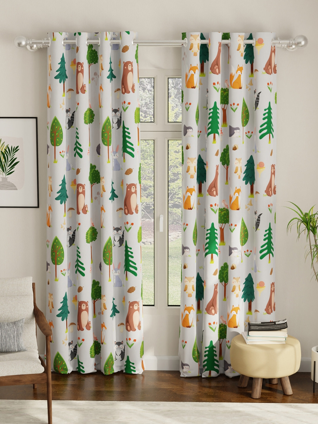 URBAN SPACE White & Green Quirky Black Out Door Curtains