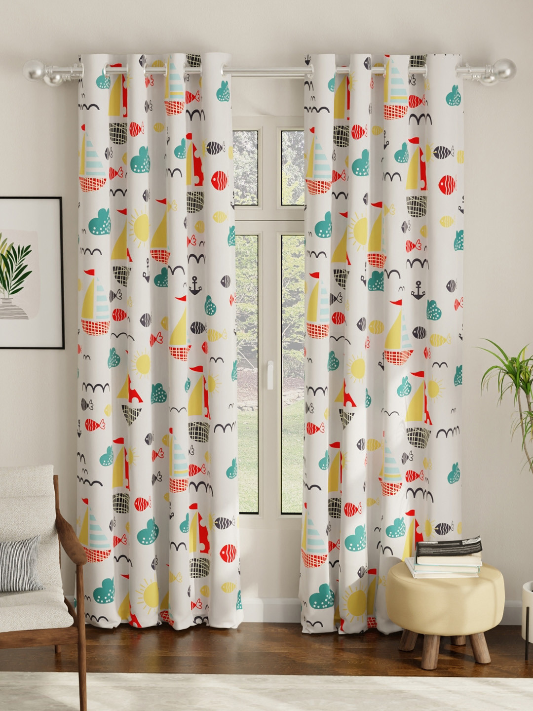 URBAN SPACE White & Yellow Quirky Black Out Door Curtain