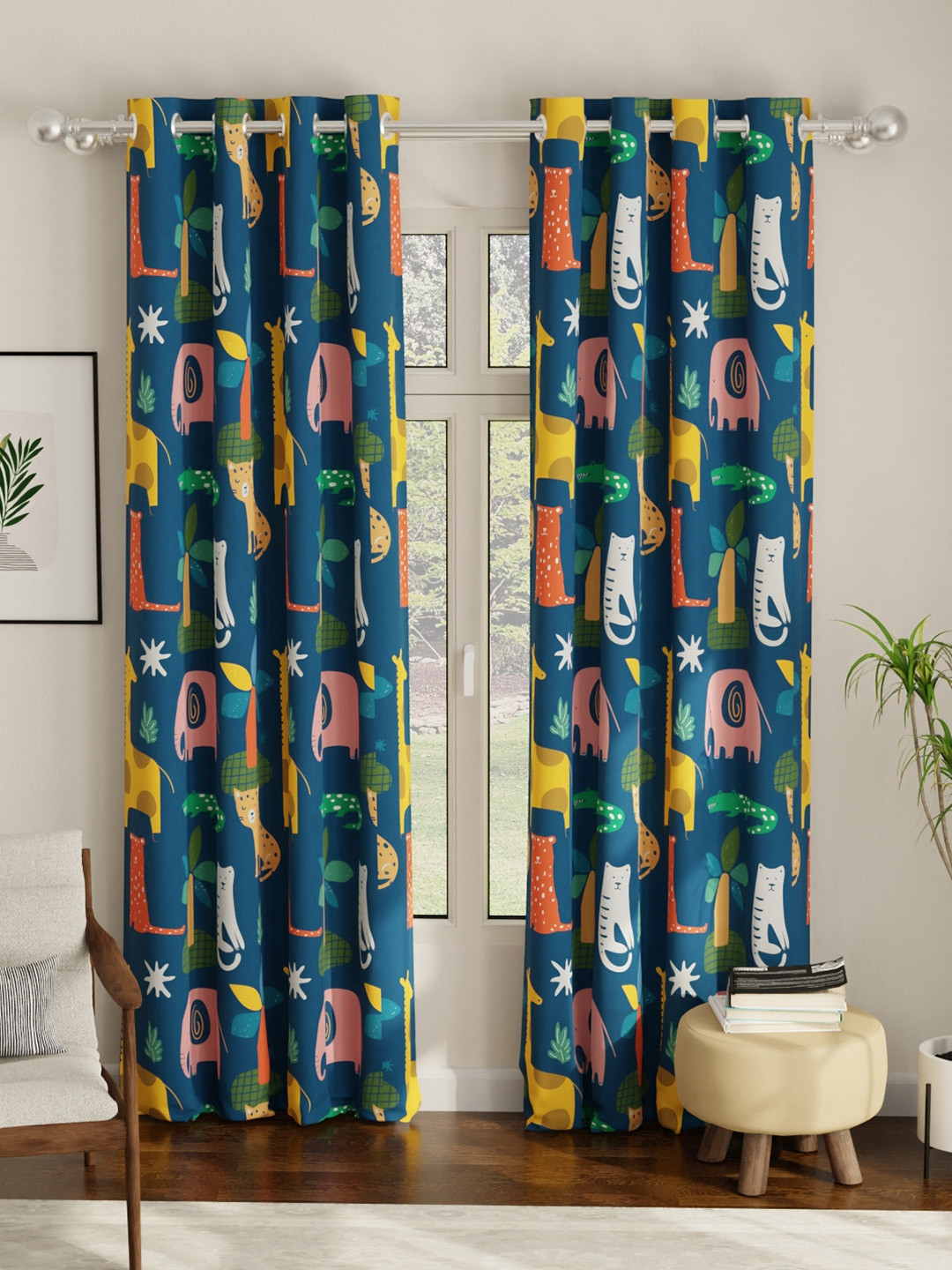 URBAN SPACE Navy Blue & Yellow Quirky Black Out Window Curtains