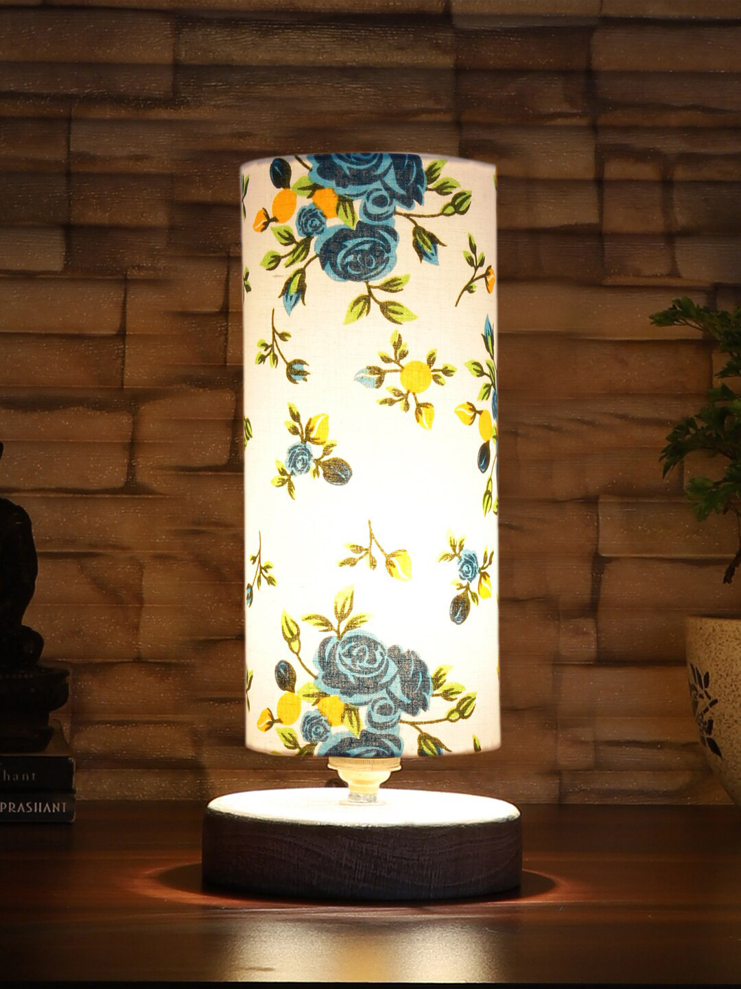 Devansh  Blue & White Floral Printed Brushed Cotton Table Lamp With Wood Base