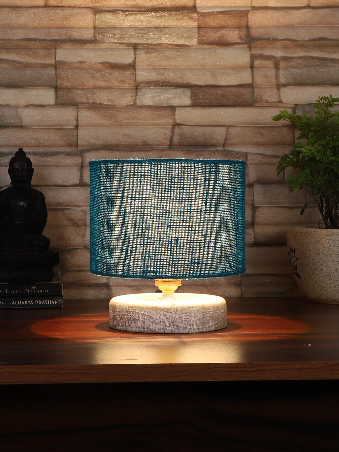 Devansh Turquoise Blue & White Jute Table Lamp with Wood Base