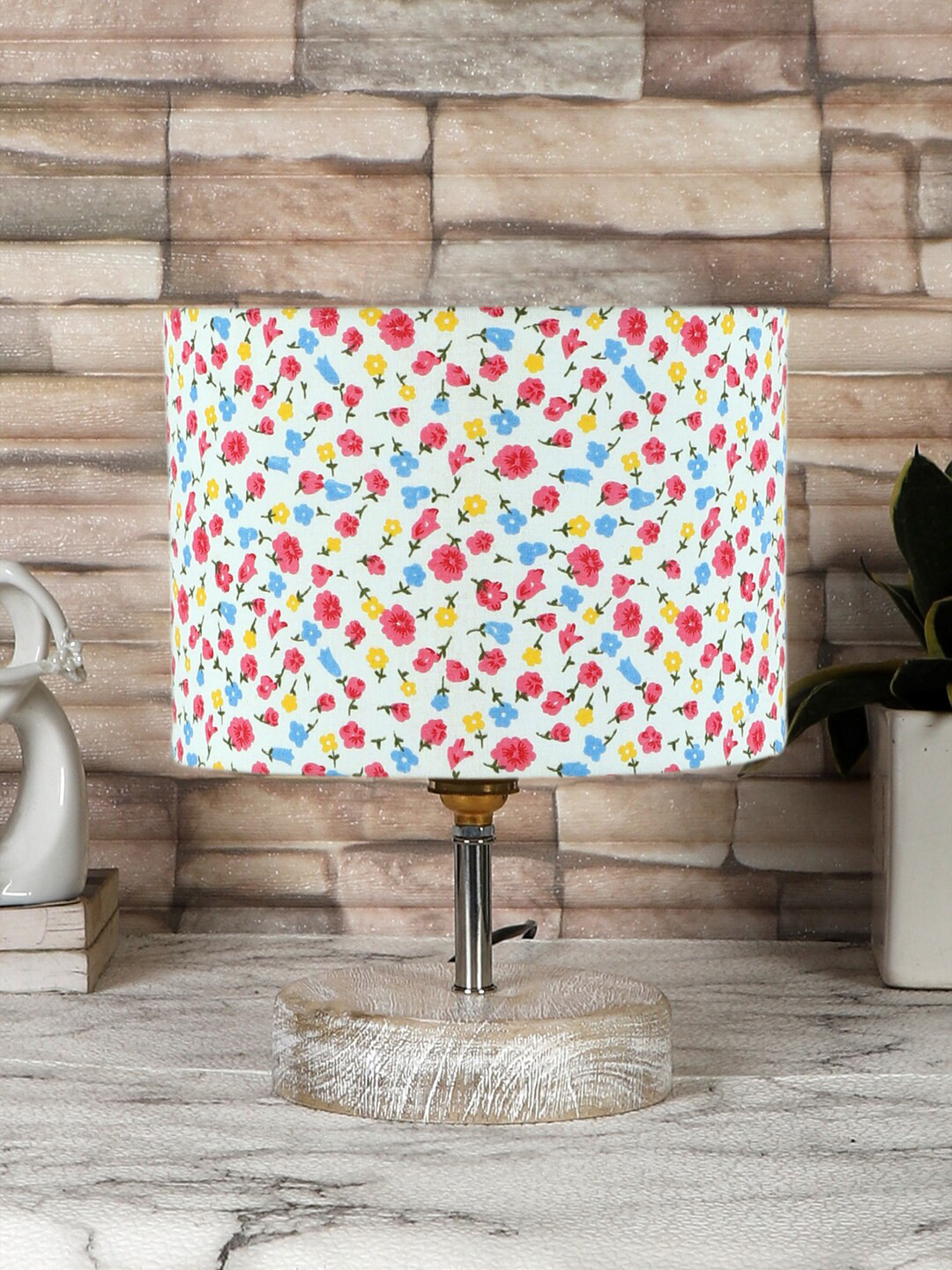 Devansh Off-white & White Printed Cotton Table Lamp with Wood Base