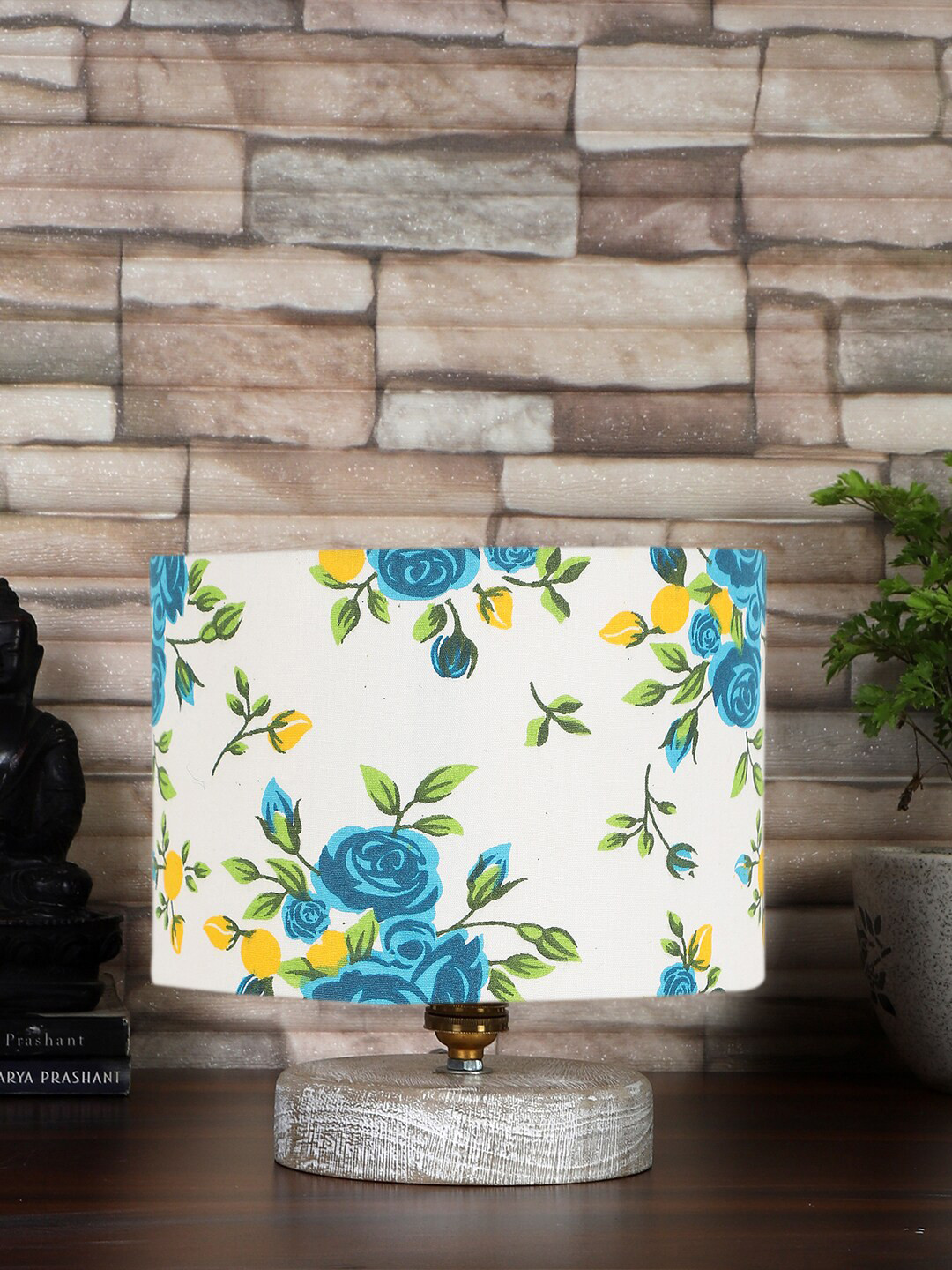 Devansh White & Blue Printed Cotton Table Lamp With Wood Base