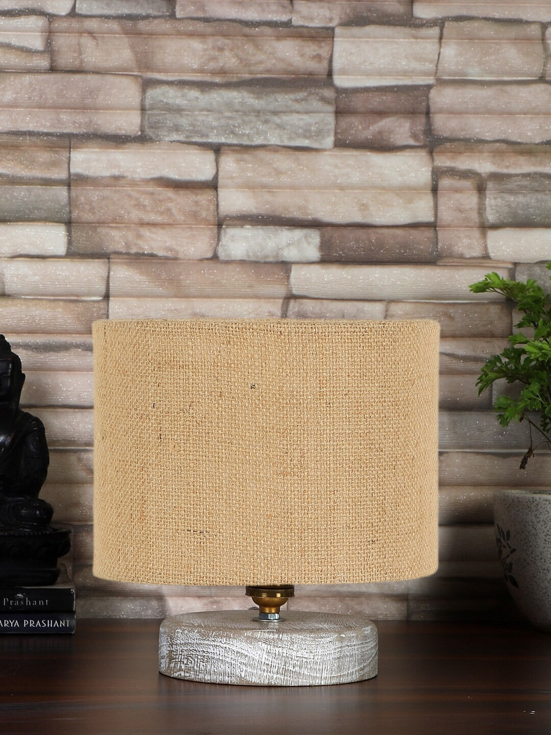 Devansh  Beige & White Brushed Jute Table Lamp With Wood Base