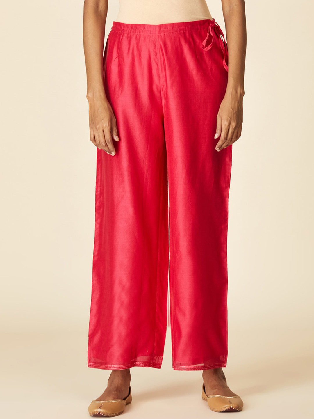 Fabindia Women Red Comfort Parallel Cotton Trousers