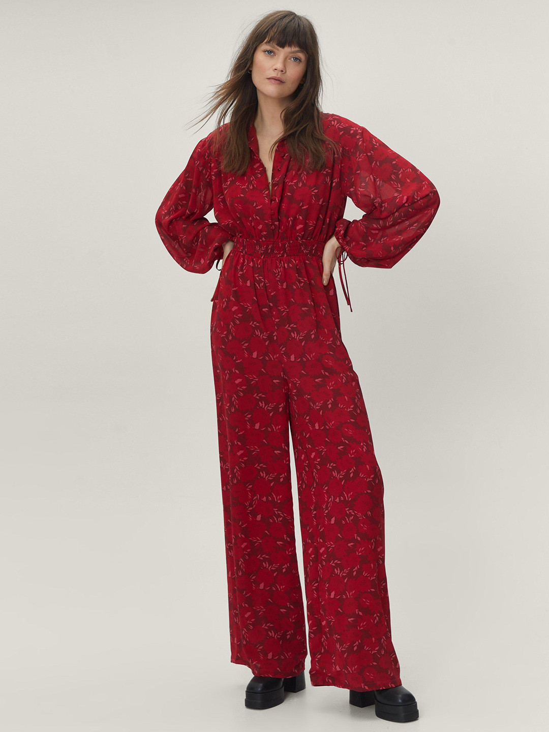 NASTY GAL Maroon Floral Print Chiffon Wide Leg Jumpsuit