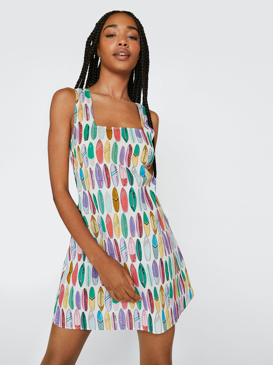 NASTY GAL White & Green Cotton Linen Surf Board Print A-Line Mini Dress