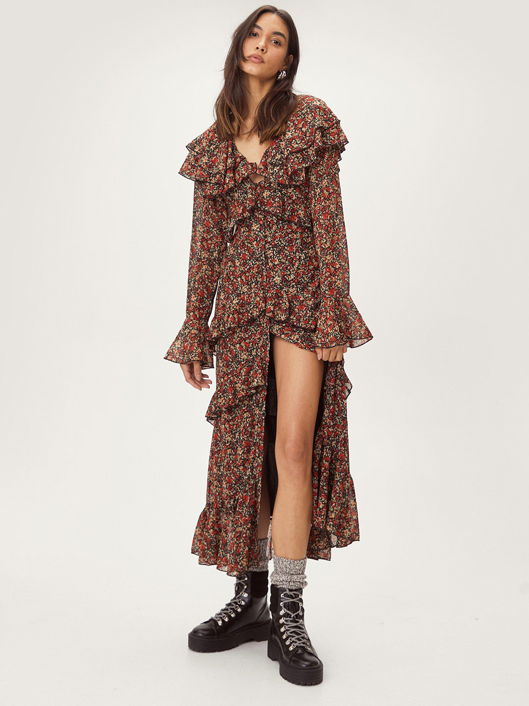 NASTY GAL Maroon & Beige Tiered Ruffle Floral Print Midi Dress