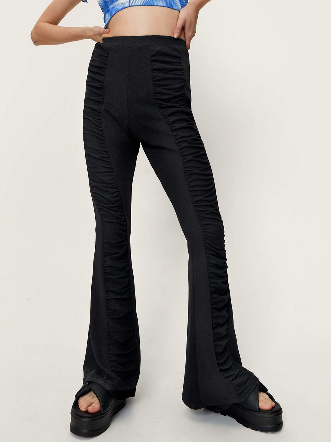 NASTY GAL Women Black Ruched Front Flared High-Rise Trousers