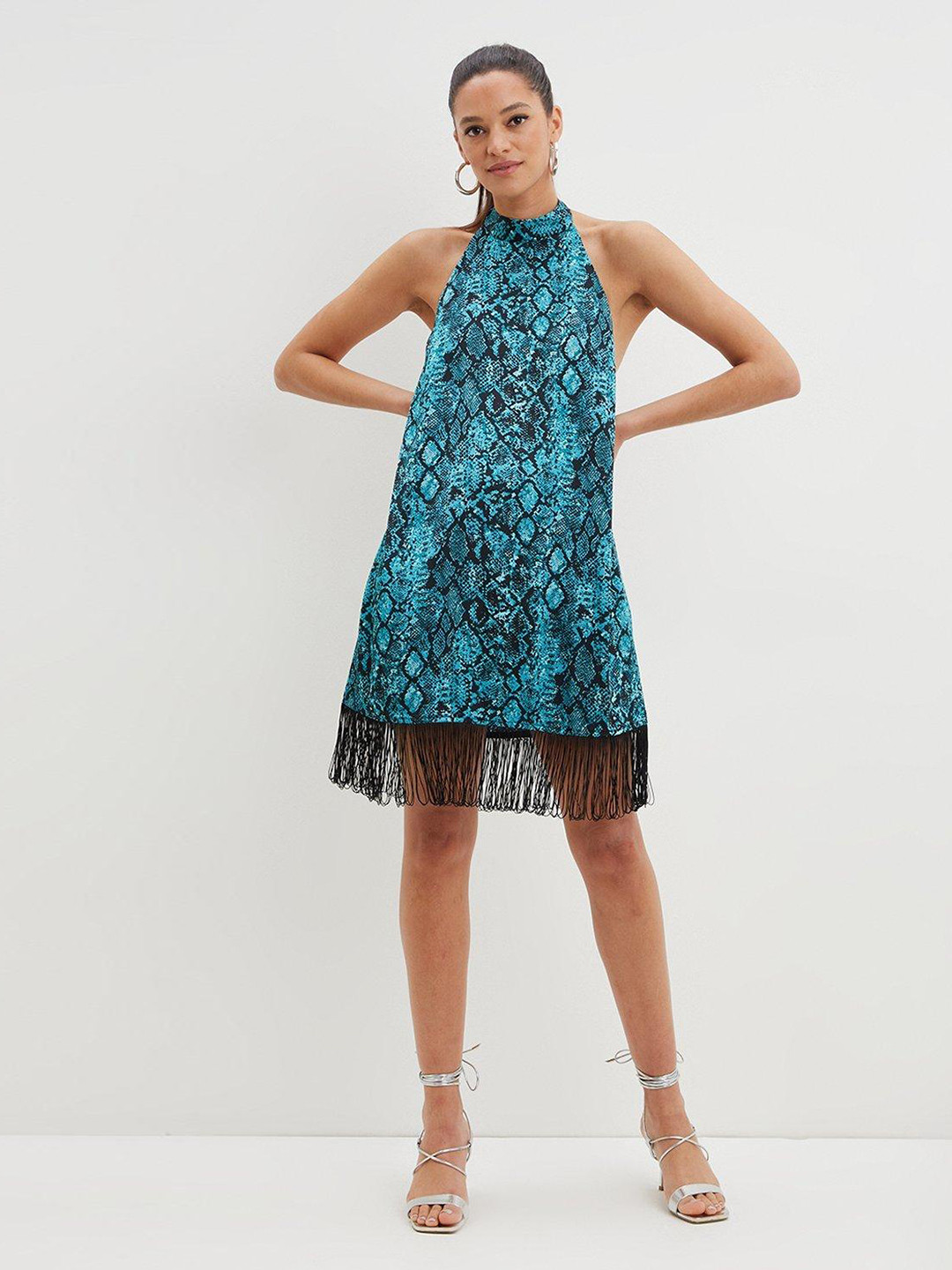 DOROTHY PERKINS Turquoise Blue & Black Animal Print Halter Neck Satin A-Line Dress