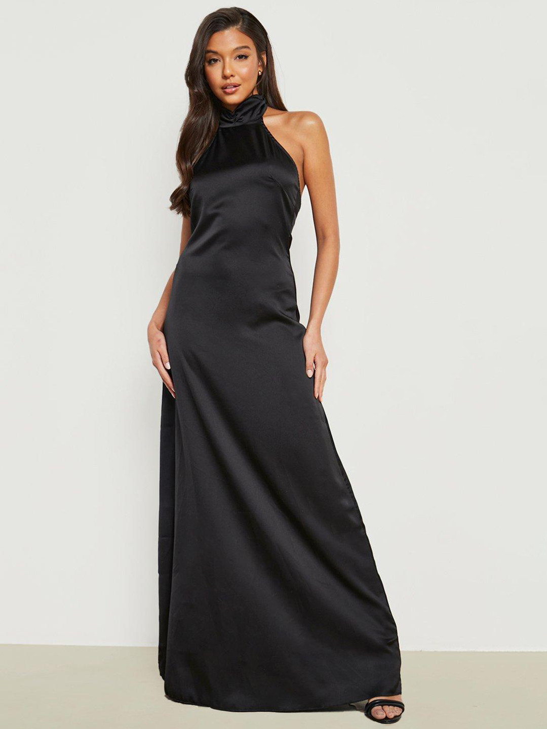 Boohoo Black Halter Neck Satin Maxi Maxi Dress