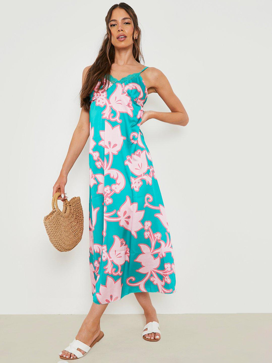 Boohoo Green & Pink Lace Floral A-Line Midi Dress