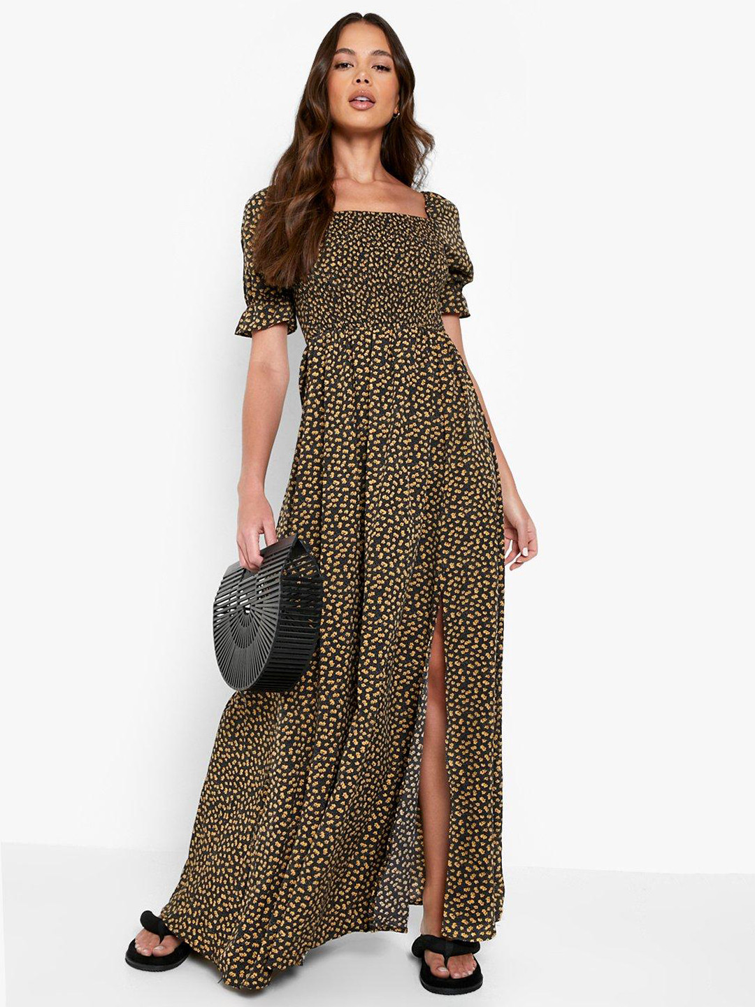 Boohoo Black & Yellow Floral Print Smocked Maxi Dress