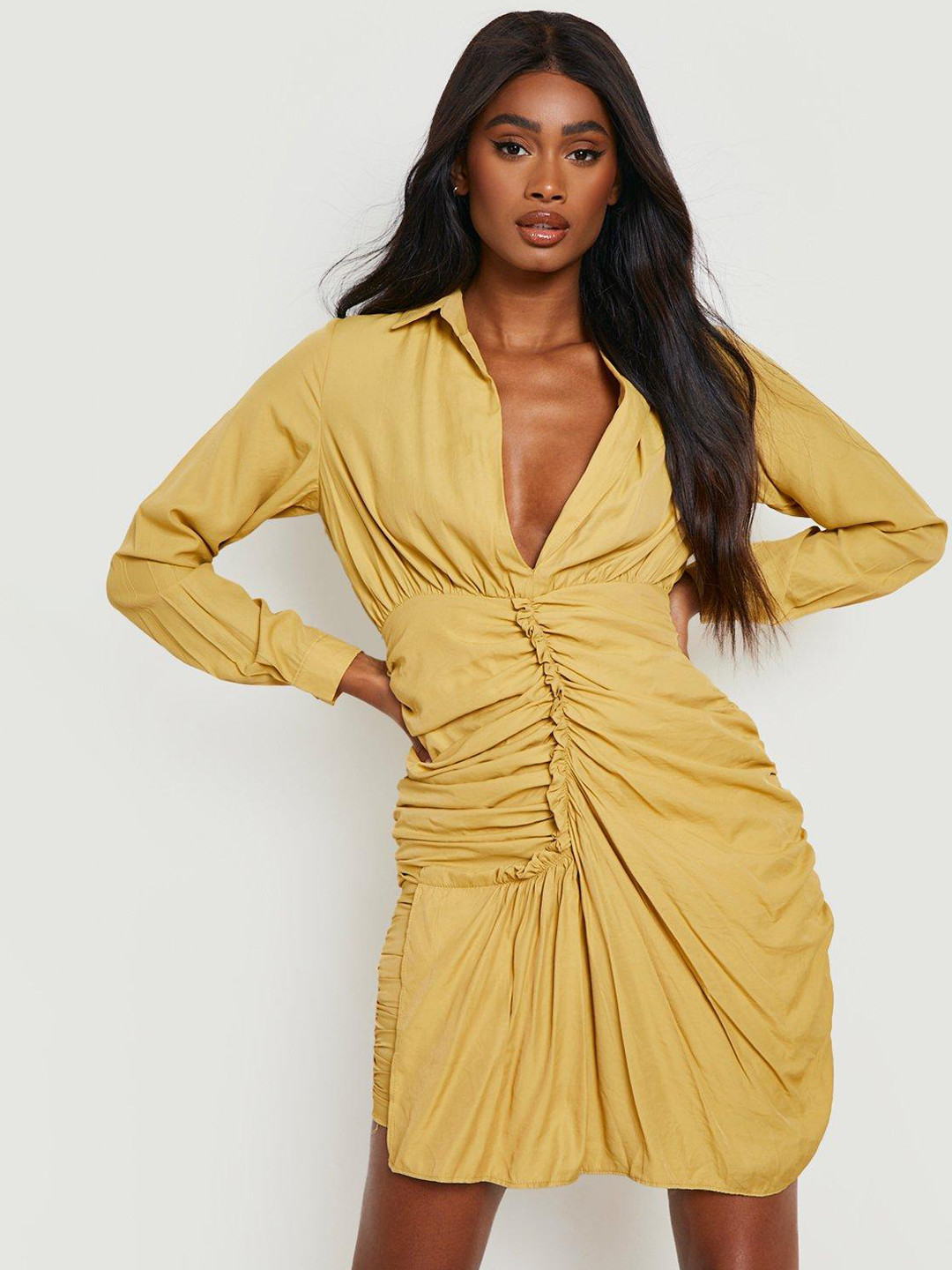 Boohoo Mustard Yellow Ruched Sheath Dress