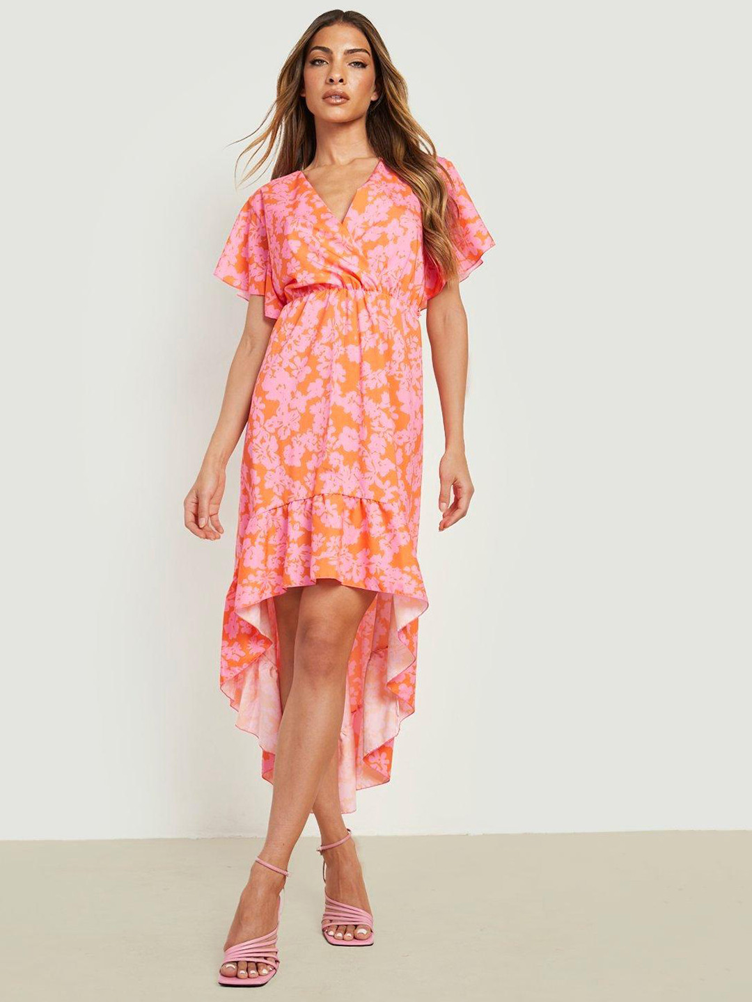 Boohoo Peach-Coloured & Peach-Coloured Floral Midi Dress